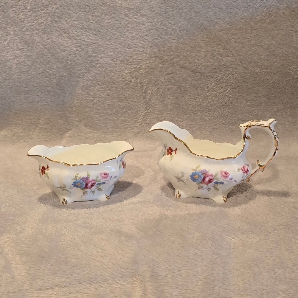 Hammersley &‎ Co Bone China Creamer and Sugar Bowl Set Floral Gold Trim England